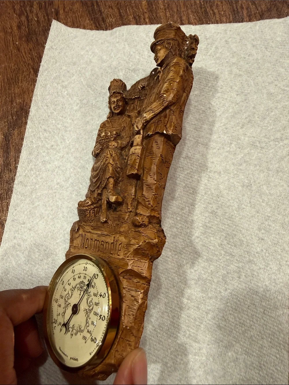 Andie Carved Wood Wall Thermometer Plaque in Brown